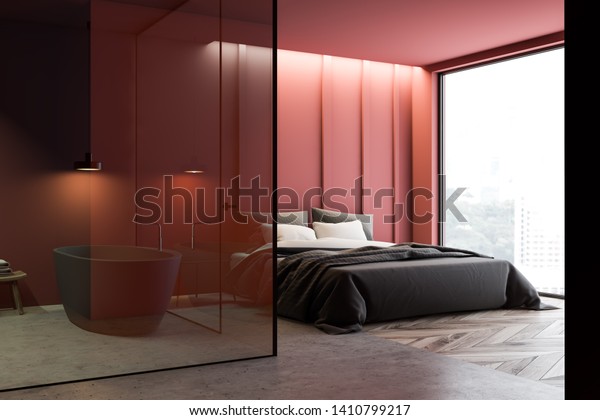 Corner Master Bedroom Red Walls Concrete Objects