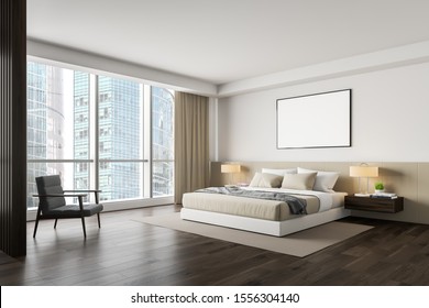 Corner of master bedroom with white walls, dark wooden floor, comfortable king size bed with two bedside tables, gray armchair and horizontal mock up poster frame. 3d rendering