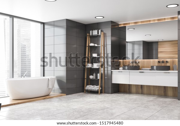 Corner Modern Bathroom Gray Tile Wooden Stock Illustration 1517945480