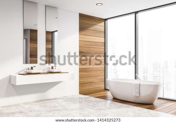 白壁と木壁を持つ現代の浴室のコーナー タイル張りの床 2枚の鏡を上に置いた二重の流し台 パノラマ窓の近くの浴槽 3dレンダリング のイラスト素材