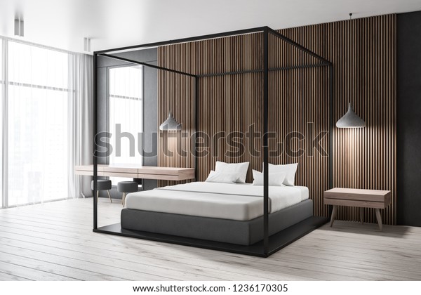 Corner Modern Bedroom Dark Wooden Walls Stock Illustration