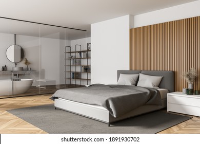 Corner of modern bedroom with white and wooden walls, wooden floor, comfortable king size bed and bathroom in the background. 3d rendering