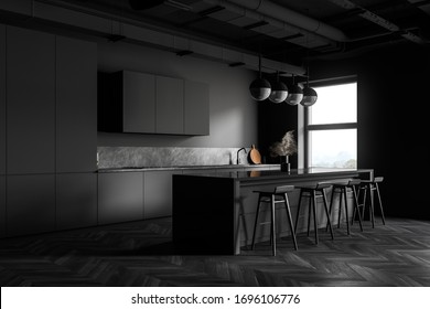 Corner Of Modern Industrial Style Kitchen With Dark Grey Walls, Wooden Floor, Grey Countertops With Built In Sink And Comfortable Bar With Stools. 3d Rendering