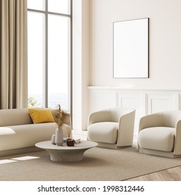 Corner modern interior of the beige living room with panoramic sight, sofa, two armchairs and coffee table. Empty banner on the wall. Parquet flooring. 3d rendering.
