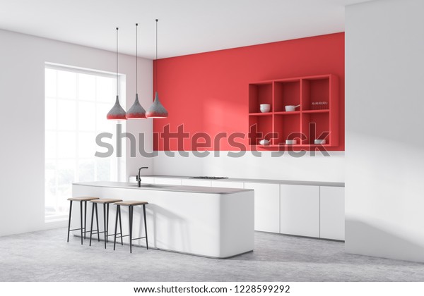 Corner Modern Kitchen Red Walls Concrete Stock Illustration 1228599292