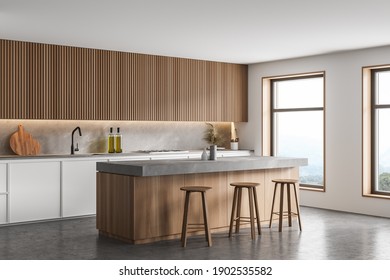 Corner Of Modern Kitchen With White Walls, Concrete Floor, Bar Counter With Stools And White Cupboards. 3d Rendering