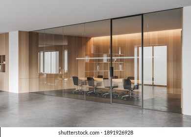 Corner Of Modern Meeting Room With Wooden And Glass Walls, Concrete Floor And Long Conference Table. 3d Rendering