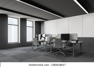 Corner Of Modern Office With White And Gray Walls, Carpet On The Floor, Minimalistic Computer Desks And Gray Chairs. Corporate Lifestyle Concept. 3d Rendering