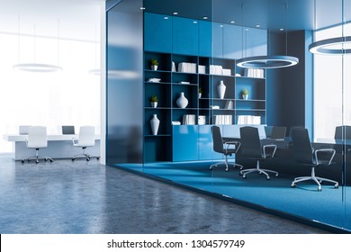 Corner Of Office Conference Room With Blue Walls And Floor, Long Table With Blue Chairs And Blue Bookcase. 3d Rendering