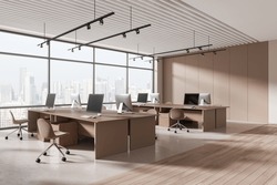 Corner Of Office Interior With Pc Computers On Desk And Brown Chairs, Hardwood Floor. Stylish Coworking Zone With Panoramic Window On Singapore Skyscrapers. 3D Rendering