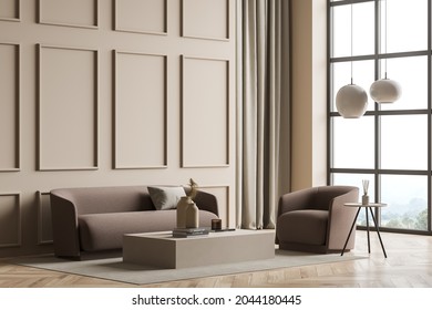 Corner Of The Panoramic Beige Living Room Interior With The Light Brown Furniture, Coffee Tables, Pendant Lights, Wall Moulding And Curtains. Parquet. A Concept Of Modern House Design. 3d Rendering