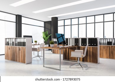 Corner Of Panoramic Corporate Office With Black Walls, Tiled Floor, Dark Wooden Cubicles With Computer Tables And File Cabinets. Windows With Blurry Cityscape. 3d Rendering