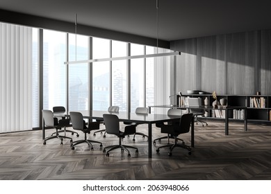 Corner Of Panoramic Dark Wood Meeting Room Interior With Parquet Floor, Linear Light And CEO Working Place On Background. Concept Of Modern Office Design. 3d Rendering