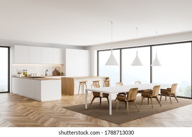 Corner of panoramic kitchen with white and brick walls, wooden floor, white cupboards, bar and dining table. 3d rendering