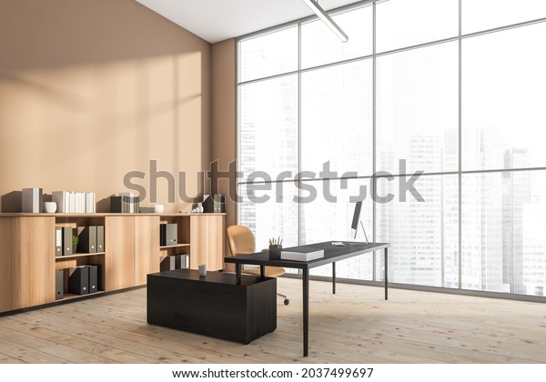 Corner Panoramic Office Interior Desk Rolling Stock Illustration ...