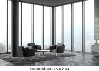 Corner Of Panoramic Office Waiting Room With Gray And Wooden Walls, Dark Wooden Floor And Grey Armchairs Standing Near Coffee Table. Blurry Mountain View. 3d Rendering