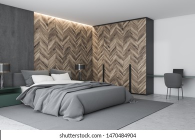 Corner of stylish bedroom with white, gray and wooden walls, concrete floor, master bed with green bedside table and stylish lamps and wooden wardrobe. Home office with computer table. 3d rendering