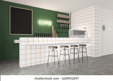 Corner Of Stylish Coffee Shop With Green And Tiled Walls, Coffee Machine, Mock Up Blackboard And Stools Standing Near The Counter. 3d Rendering