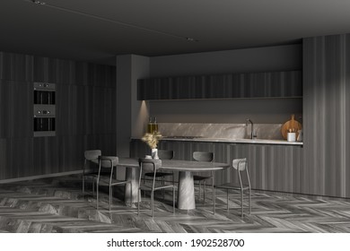 Corner of stylish kitchen with gray walls, wooden floor, dining table and cupboards 3d rendering