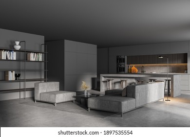 Corner Of Stylish Living Room With Gray Walls, Concrete Floor, Grey Sofas And Kitchen In The Background. 3d Rendering