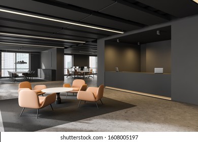 Corner Of Stylish Office With Gray Walls, Concrete Floor, Gray Reception Counter, Lounge Area With Orange Armchairs And Coffee Table, Meeting Room And Open Space Area In Background. 3d Rendering