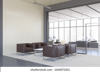 Corner of stylish office waiting room with white walls, concrete floor, leather armchairs standing on white carpet and open space area in background. 3d rendering