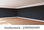 Corner of the Sunlit Interior with Black Walls, a White Ceiling and Cornice, Glossy Herringbone Parquet Floor, and a White Plinth. Unfurnished Room Concept. 3d Rendering, 8K Ultra HD, 7680x4320