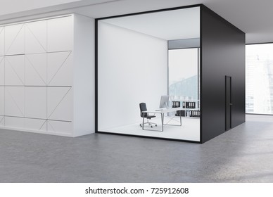 Corner Of An Upscale CEO Office With White, Black And Glass Walls In An Office Area With A Panoramic Window. 3d Rendering Mock Up