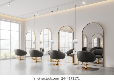 Corner view of beauty salon interior with armchairs and mirrors in row, cosmetics on table. Skin care or hairdressing studio. Panoramic window on Bangkok skyscrapers. 3D rendering - Powered by Shutterstock