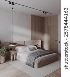Corner view of bedroom interior bed with sheets, carpet on hardwood floor. Cozy relaxing space with grass wardrobe and plants near panoramic window. Mock up copy space empty wall. 3D rendering