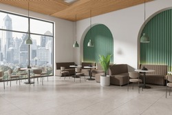 Corner View Of Cafe Interior With Brown Chairs And Sofa, Tables On Tile Concrete Floor. Dining Space With Panoramic Window On Bangkok Skyscrapers. 3D Rendering