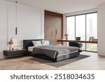 Corner view of classical bedroom interior with bed and work table with laptop, carpet on hardwood floor. Cozy rest and work zone. Panoramic window on Bangkok skyscrapers. 3D rendering