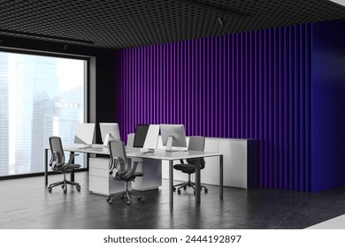 Corner view of colored office interior with pc computers on shared desk, grey concrete floor. Modern coworking space with sideboard and panoramic window on Singapore skyscrapers. 3D rendering
