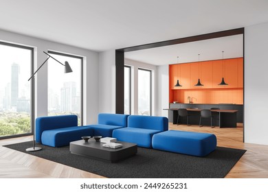 Corner view of colorful flat studio interior with sofa on carpet, hardwood floor. Cooking cabinet with dining table and chairs. Panoramic window on Bangkok skyscrapers. 3D rendering