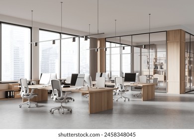 Corner view of coworking interior with pc computers on desks in row, concrete floor. Office workplace with glass conference room, panoramic window on Singapore skyscrapers. 3D rendering - Powered by Shutterstock