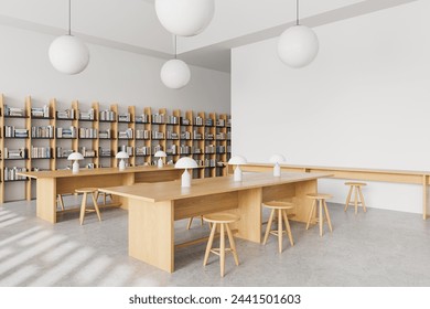 Corner view of cozy library interior wooden bookshelf with books, work tables with stool in row on concrete floor. Reading or learning space with mockup empty blank wall. 3D rendering