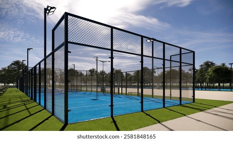 corner view of empty padel paddle tennis blue color court with glass structure