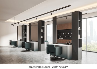 Corner view of hairdressing studio interior with spinning armchairs in row, mirror and dresser on concrete floor. Panoramic window on Bangkok skyscrapers. 3D rendering - Powered by Shutterstock