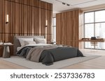 Corner view of home bedroom interior with bed, work table with laptop and chair, wooden wardrobe on hardwood floor. Panoramic window on city skyscrapers. 3D rendering