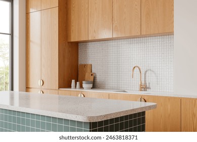 Corner view of home kitchen interior with stone bar island and wooden cabinet, sink and kitchenware. Cooking space with shelves and panoramic window on tropics. 3D rendering - Powered by Shutterstock