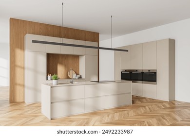 Corner view of home kitchen interior bar counter with sink and stove, cabinet and shelves with ovens in row. Wooden and beige cooking space in modern apartment. 3D rendering
