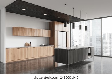 Corner view of home kitchen interior with bar island, fridge on grey concrete floor. Cooking cabinet and dining space near panoramic window on skyscrapers. 3D rendering