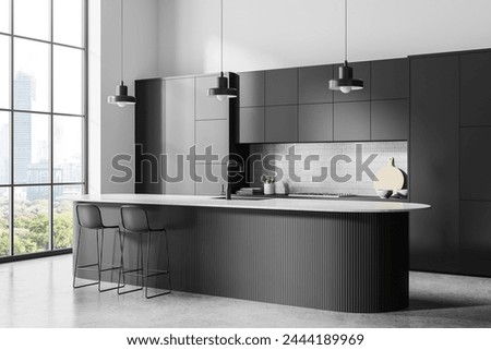Corner view of home kitchen interior with bar island and stool, light concrete floor. Modern cooking space with cabinet and panoramic window on Bangkok skyscrapers. 3D rendering