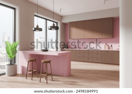 Corner view of home kitchen interior with pink stone island and bar chairs. Cooking space with brown cabinet design, kitchenware on counter. Panoramic window on skyscrapers. 3D rendering