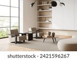 Corner view of home living room interior with sofa and armchairs, side view wooden shelf and with decoration and panoramic window on tropics. 3D rendering