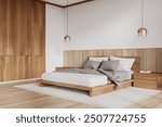 Corner view of hotel bedroom interior with bed on podium, linens and nightstand with decoration, carpet on hardwood floor. Relaxing corner with wooden wardrobe. 3D rendering