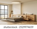 Corner view of hotel bedroom interior with bed and nightstand, side view carpet on hardwood floor. Elegant relaxing zone with drawer. Panoramic window on countryside. 3D rendering