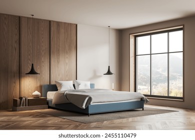 Corner view of hotel bedroom interior with bed and nightstand with decoration, hardwood floor. Sleeping room in stylish studio apartment with panoramic window. 3D rendering - Powered by Shutterstock