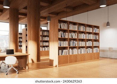 Corner view of library interior with table and chairs, hardwood floor. Learning or coworking room with large wooden bookshelf and books. Panoramic window on countryside. 3D rendering
