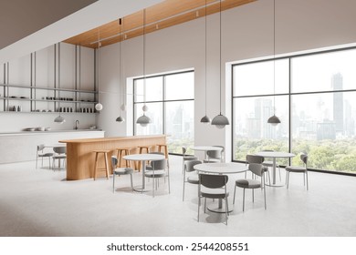 Corner view of light cafe interior with bar counter, round dining tables in row with chairs. Minimalist eating space with shelf and dishes. Panoramic window on skyscrapers. 3D rendering